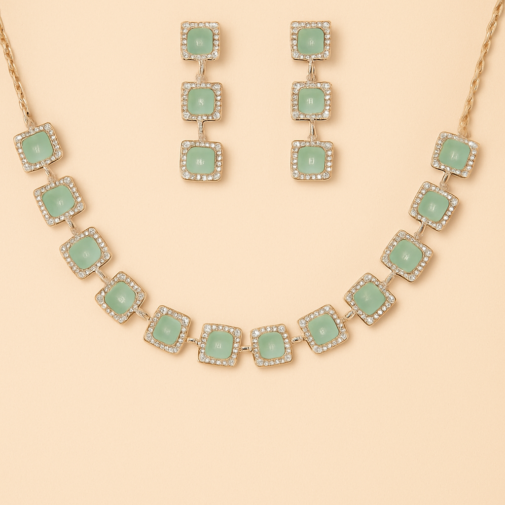 Charming Pink Square Stone Necklace Set with Earrings | Yovia Jewels
