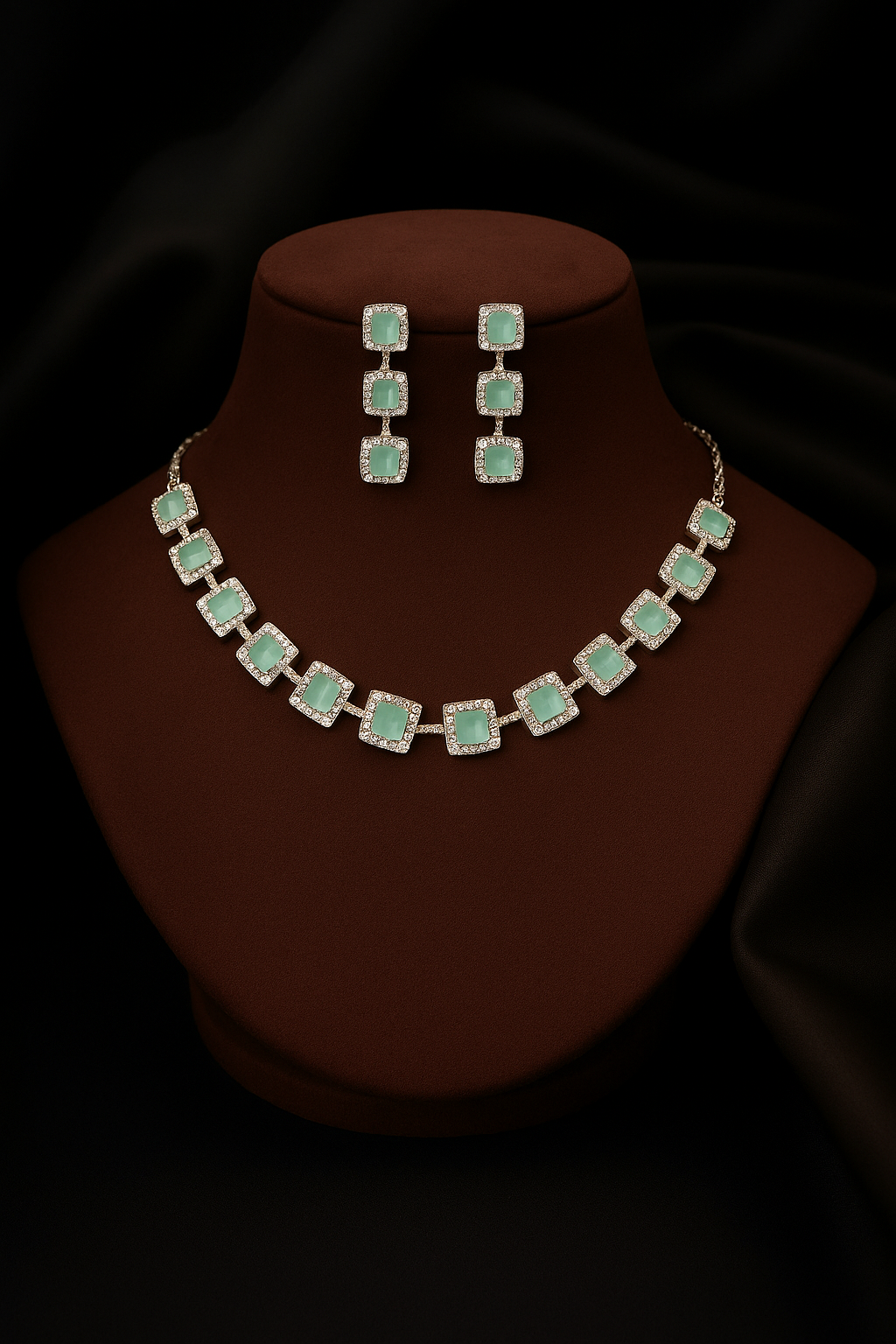 Charming Pink Square Stone Necklace Set with Earrings | Yovia Jewels