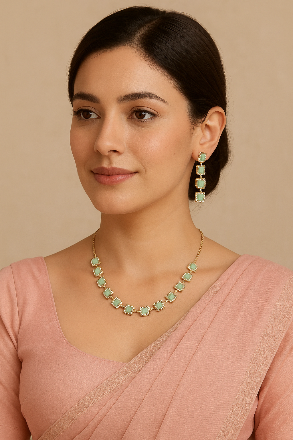 Charming Pink Square Stone Necklace Set with Earrings | Yovia Jewels