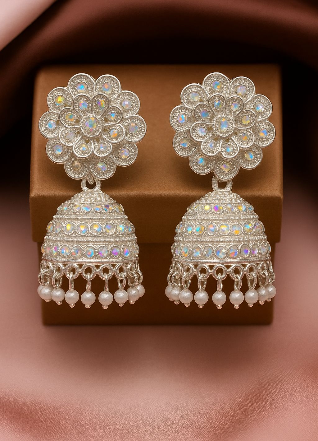 ✨ Silver Crystal Jhumka Earrings for Women | Designer Pearl Drop Earrings | Yovia Jewels Exclusive